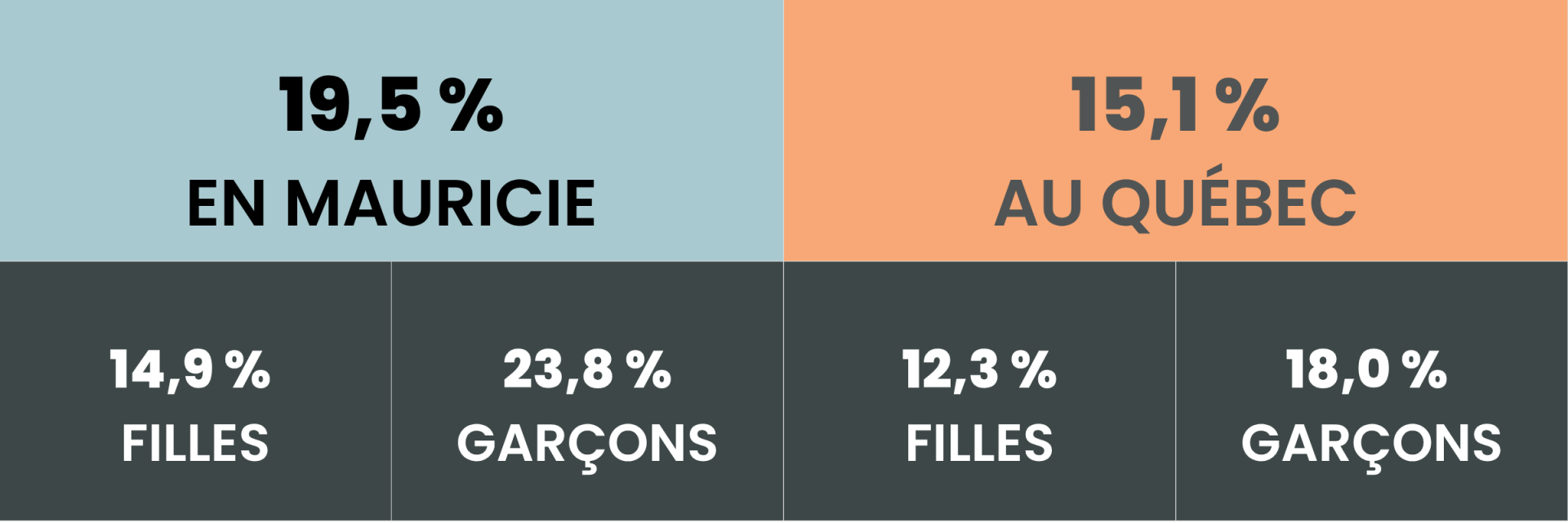 Taux de décrochage (sexes réunis, filles, garçons, Mauricie et Québec)